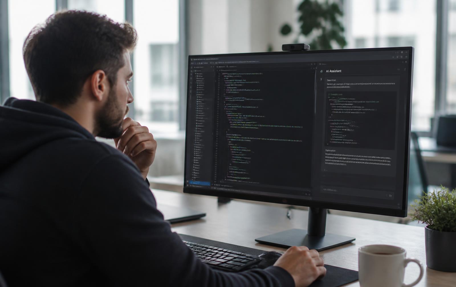 Developer werkt met een AI-assistent naast code op een groot scherm